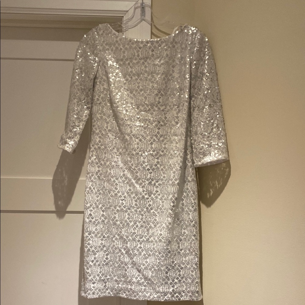 Calvin Klein Silver Cocktail Dress with Bateau Neckline and Cuffed Sleeves
